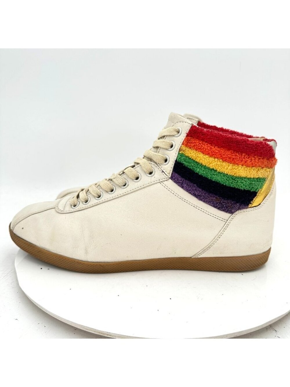Gucci Men Sz UK 9.5D US 10 White Leather Lace Up Rainbow Heel Collar Mid Shoes